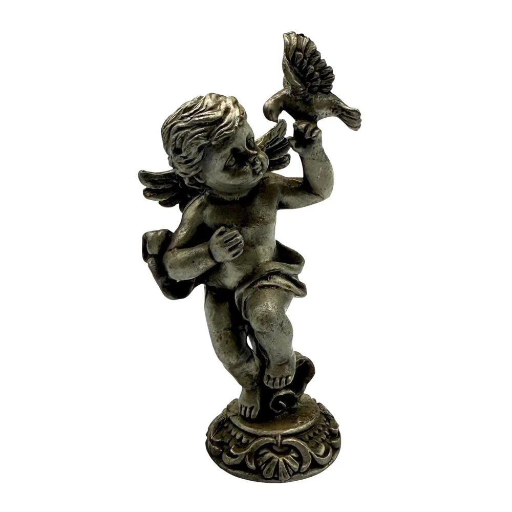Pewter Cherub Figurine With Bird Putti Angel Statue Vintage Style‎
